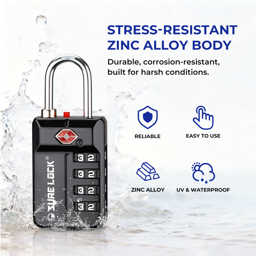 TSA 4-Digit Combination Luggage Lock – Resettable with Open Alert (Black)