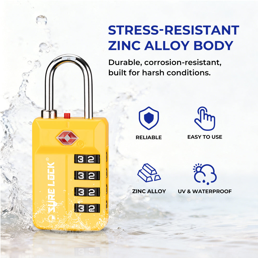 TSA 4-Digit Combination Luggage Lock – Resettable with Open Alert (Yellow)