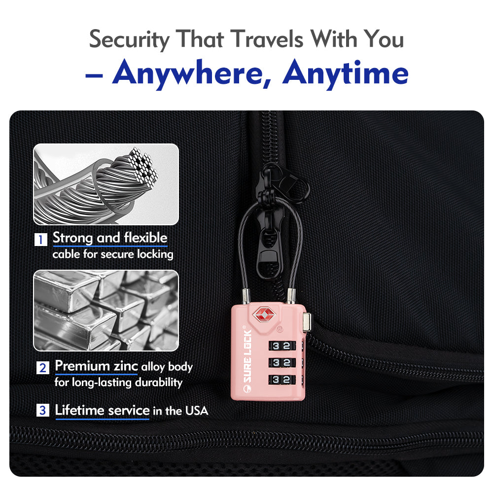 TSA Approved Luggage Lock – Combination Cable Lock with Open Alert & Easy-Read Dials (Pink Pack) - LockSelect 