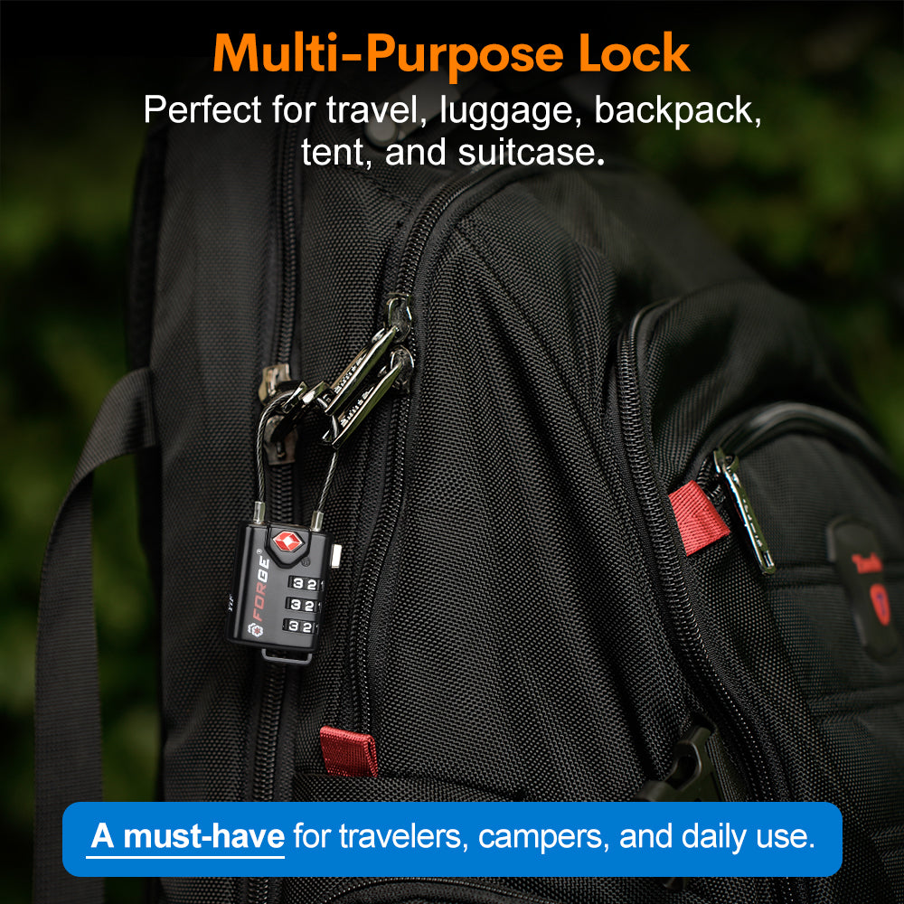 Forge TSA Approved Cable Luggage Lock with Easy-to-Read Dials (Eagle Series, Black Pack)