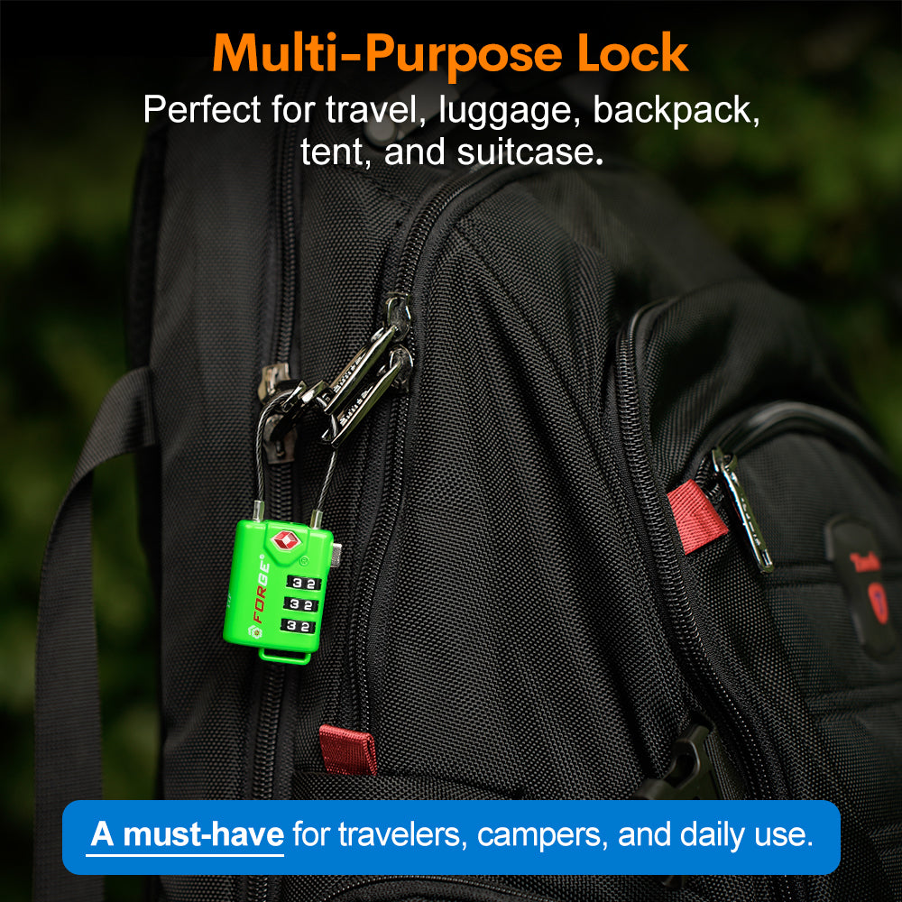 Forge TSA Approved Cable Luggage Lock with Easy-to-Read Dials (Eagle Series, Green Pack)