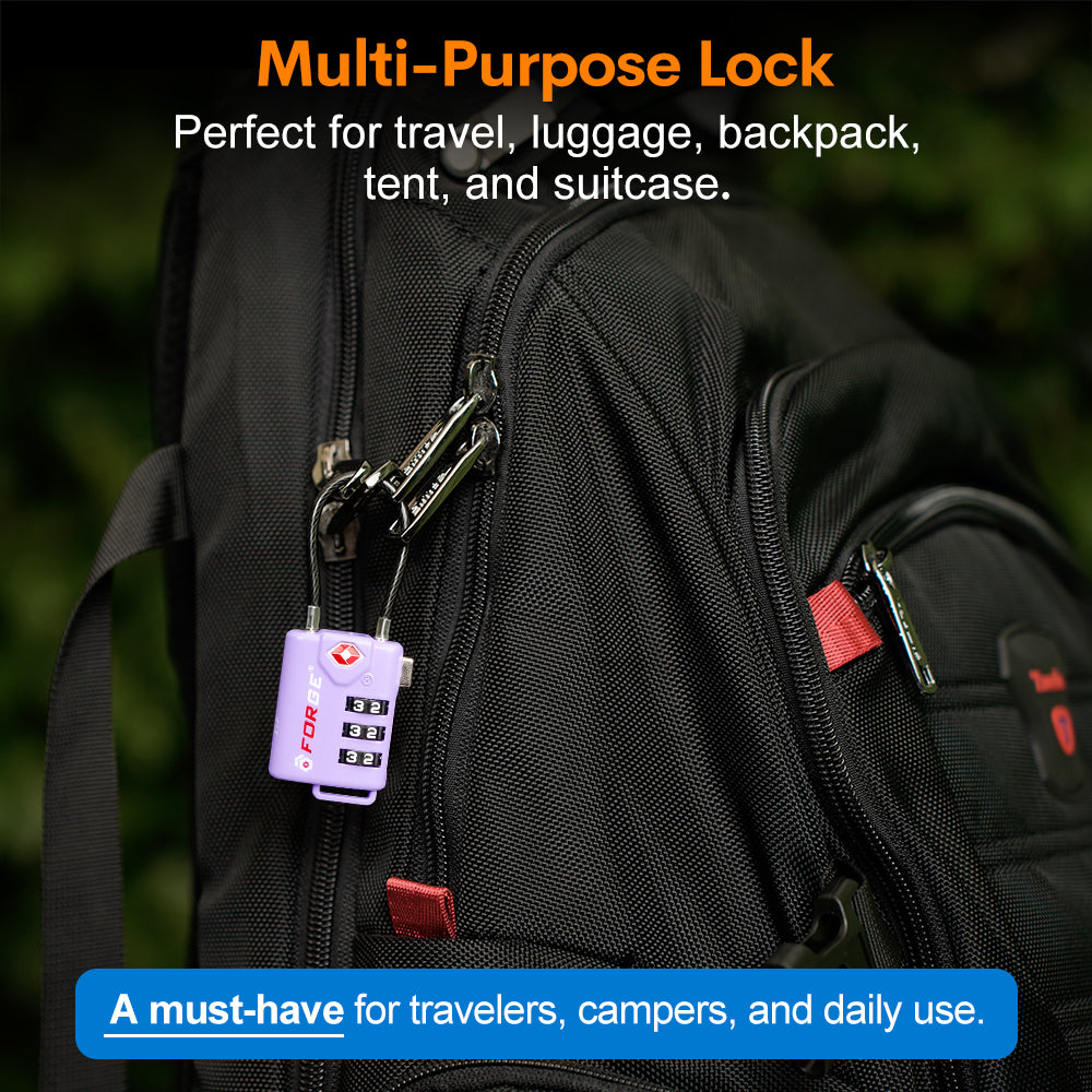 Forge TSA Approved Cable Luggage Lock with Easy-to-Read Dials (Eagle Series, Purple Pack)