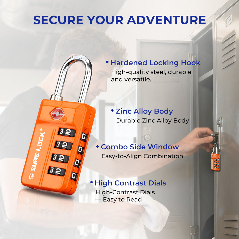 TSA 4-Digit Combination Luggage Lock – Resettable with Open Alert (Orange)