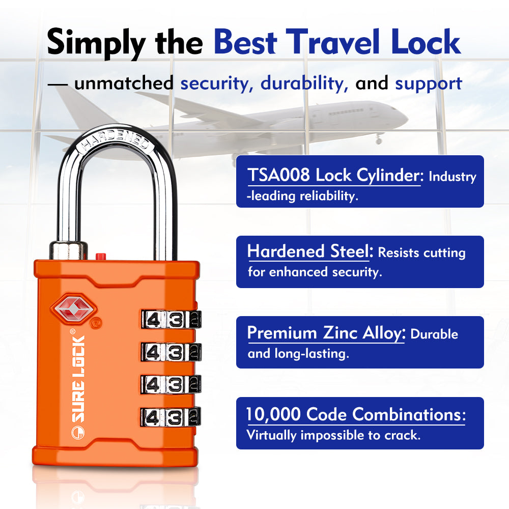TSA 4-Digit Combination Luggage Padlock – All Metal Travel Lock (Orange Pack) - LockSelect 