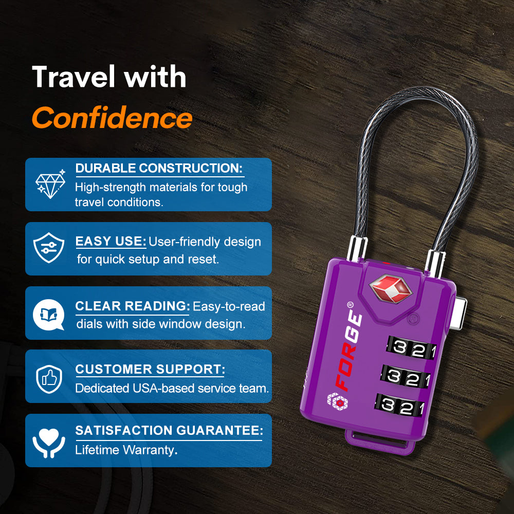 Forge TSA Approved Cable Luggage Lock with Easy-to-Read Dials (Eagle Series, Dark Purple)