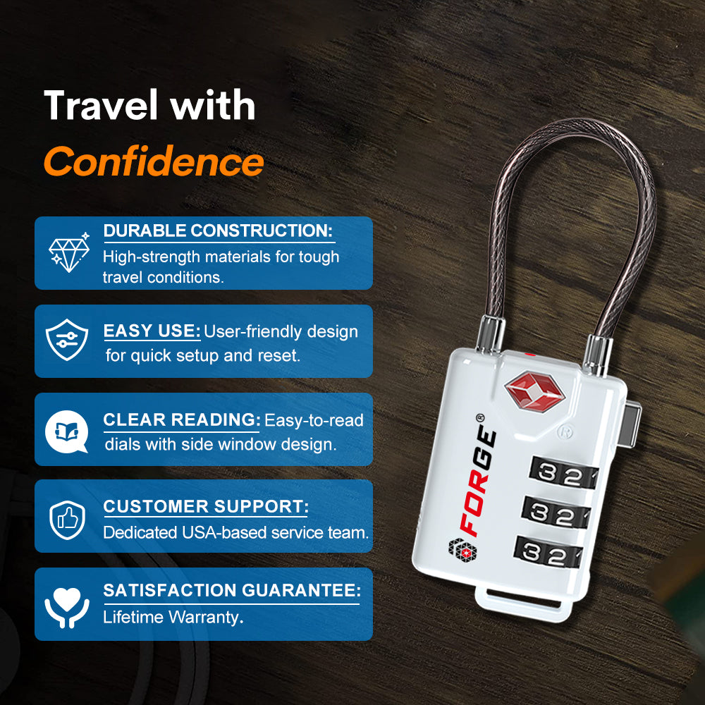 Forge TSA Approved Cable Luggage Lock with Easy-to-Read Dials (Eagle Series, White Pack)