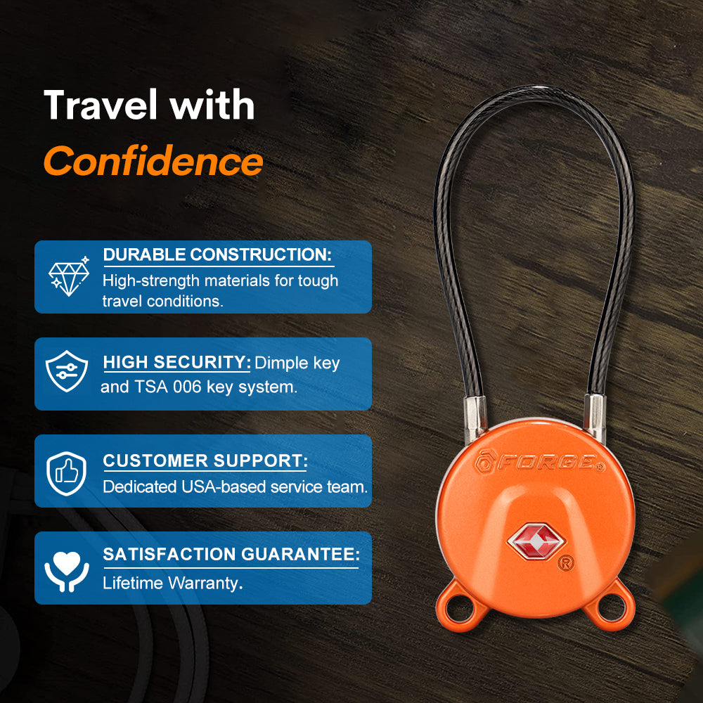 Forge TSA006 Dimple Key Cable Locks (Koala Series, Orange 2 Pack)