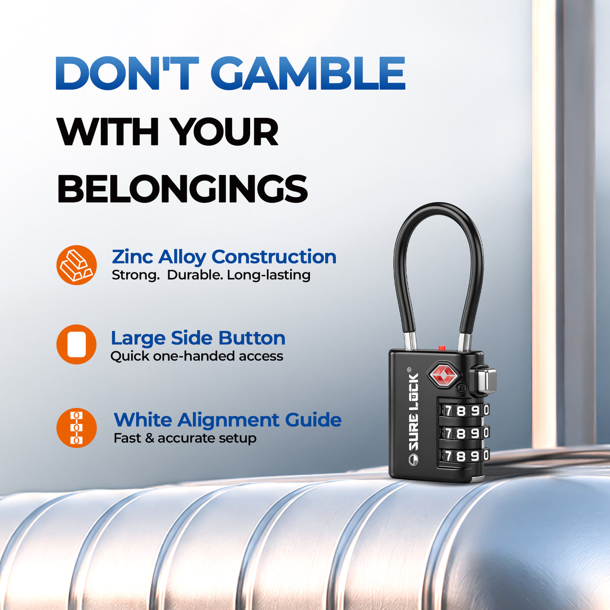 TSA-Approved 3-Digit Cable Luggage Lock with Backup Key & Open Alert (Black)