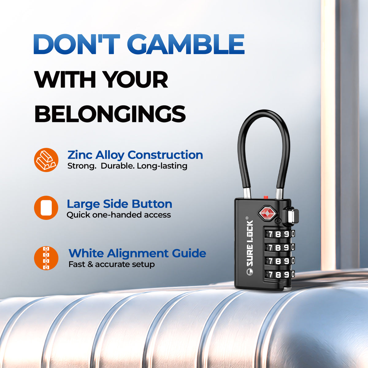 SureLock PL-5 black cable lock with zinc alloy body, side button and easy-read dials