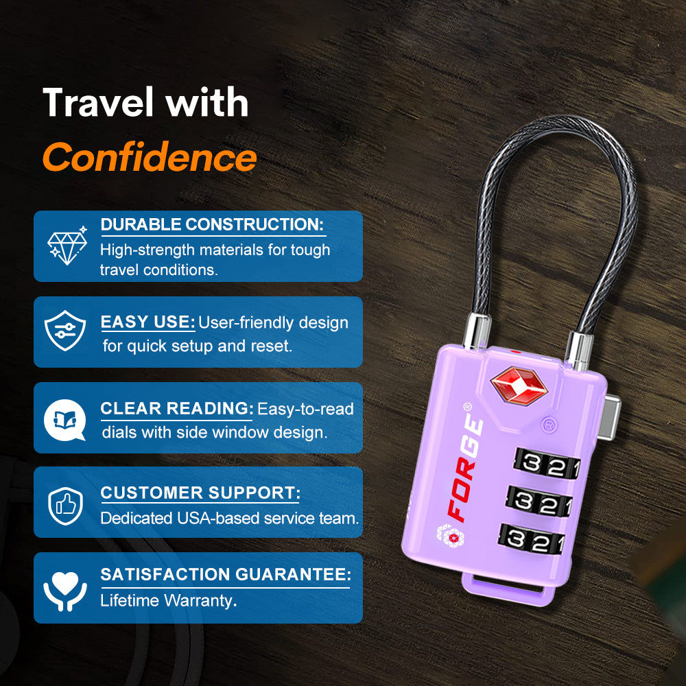 Forge TSA Approved Cable Luggage Lock with Easy-to-Read Dials (Eagle Series, Purple Pack)