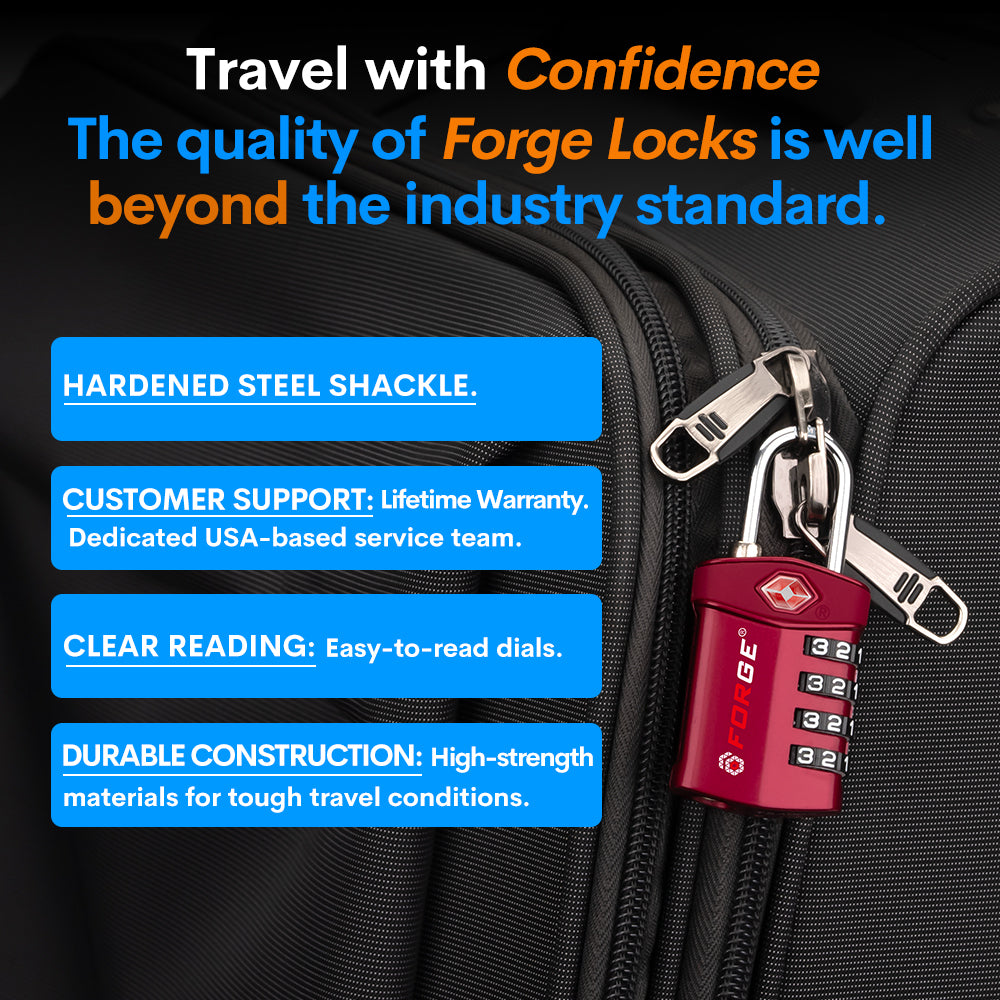 Forge TSA Approved 4-Digit Combination Lock with Open Alert, Red Pack