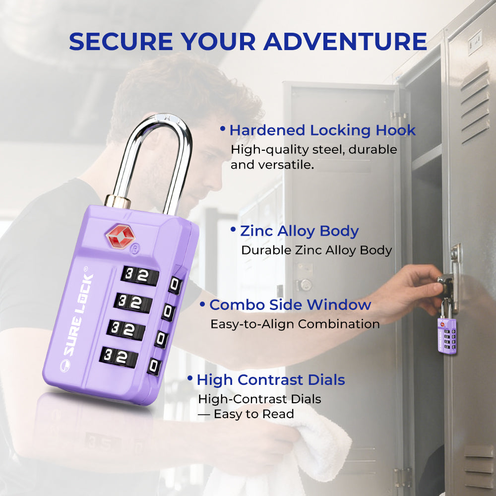 TSA 4-Digit Combination Luggage Lock – Resettable with Open Alert (Purple)