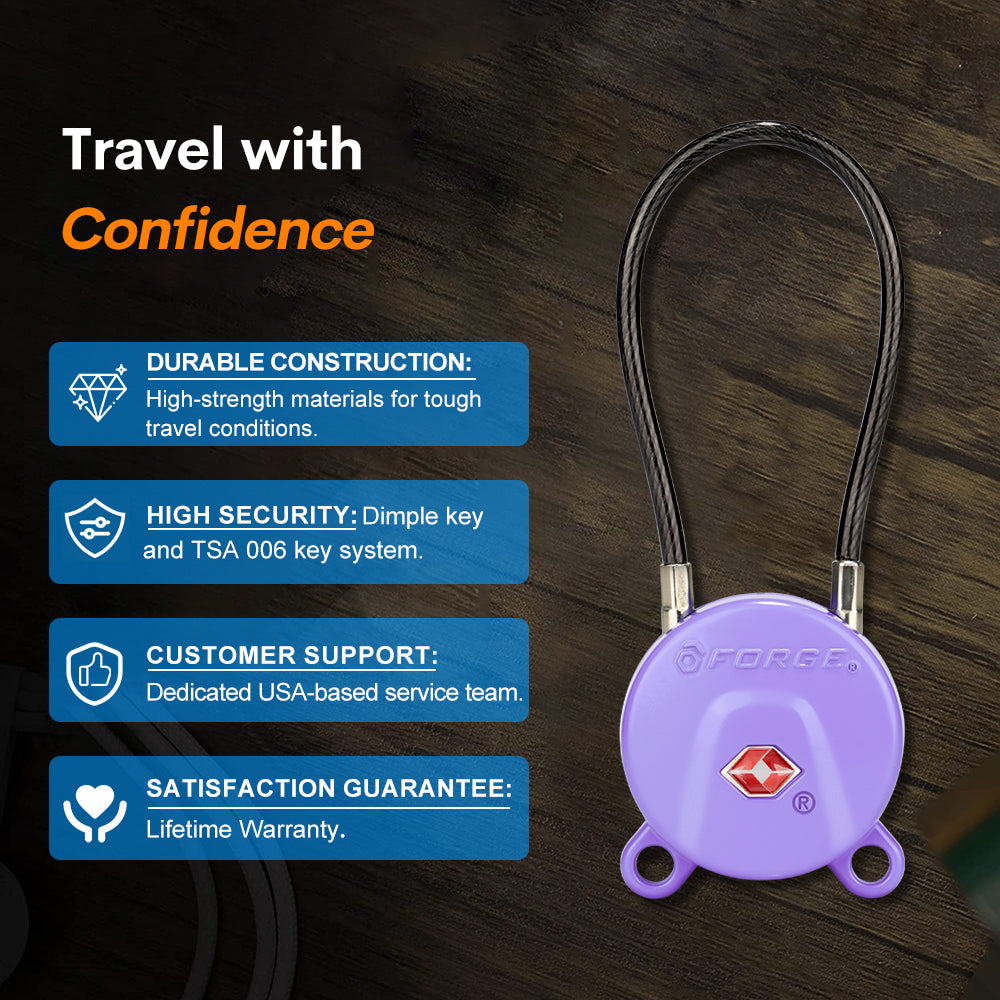 Forge TSA006 Dimple Key Cable Locks (Koala Series, Purple 2 Pack)