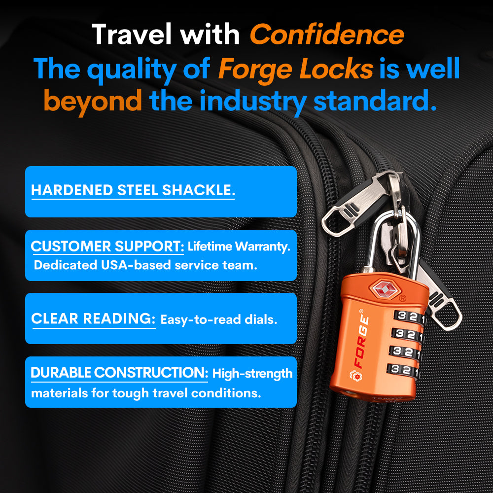 Forge TSA Approved 4-Digit Combination Lock with Open Alert, Orange Pack