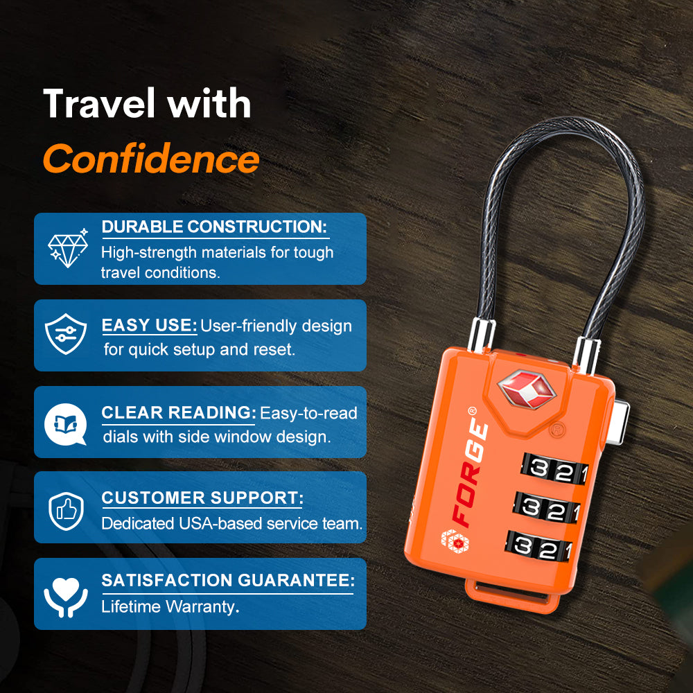 Forge TSA Approved Cable Luggage Lock with Easy-to-Read Dials (Eagle Series, Orange Pack)
