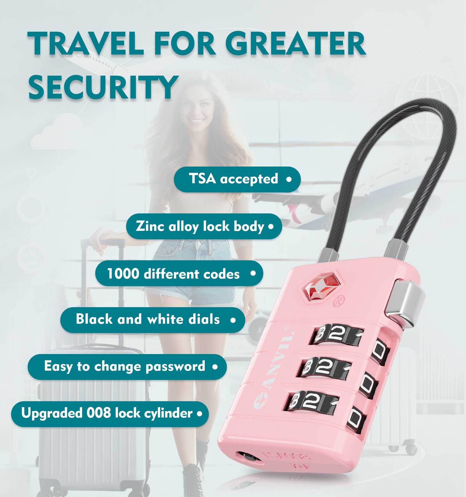 ANVIL TSA Approved Luggage Lock with Inspection Indicator (Pink Pack)