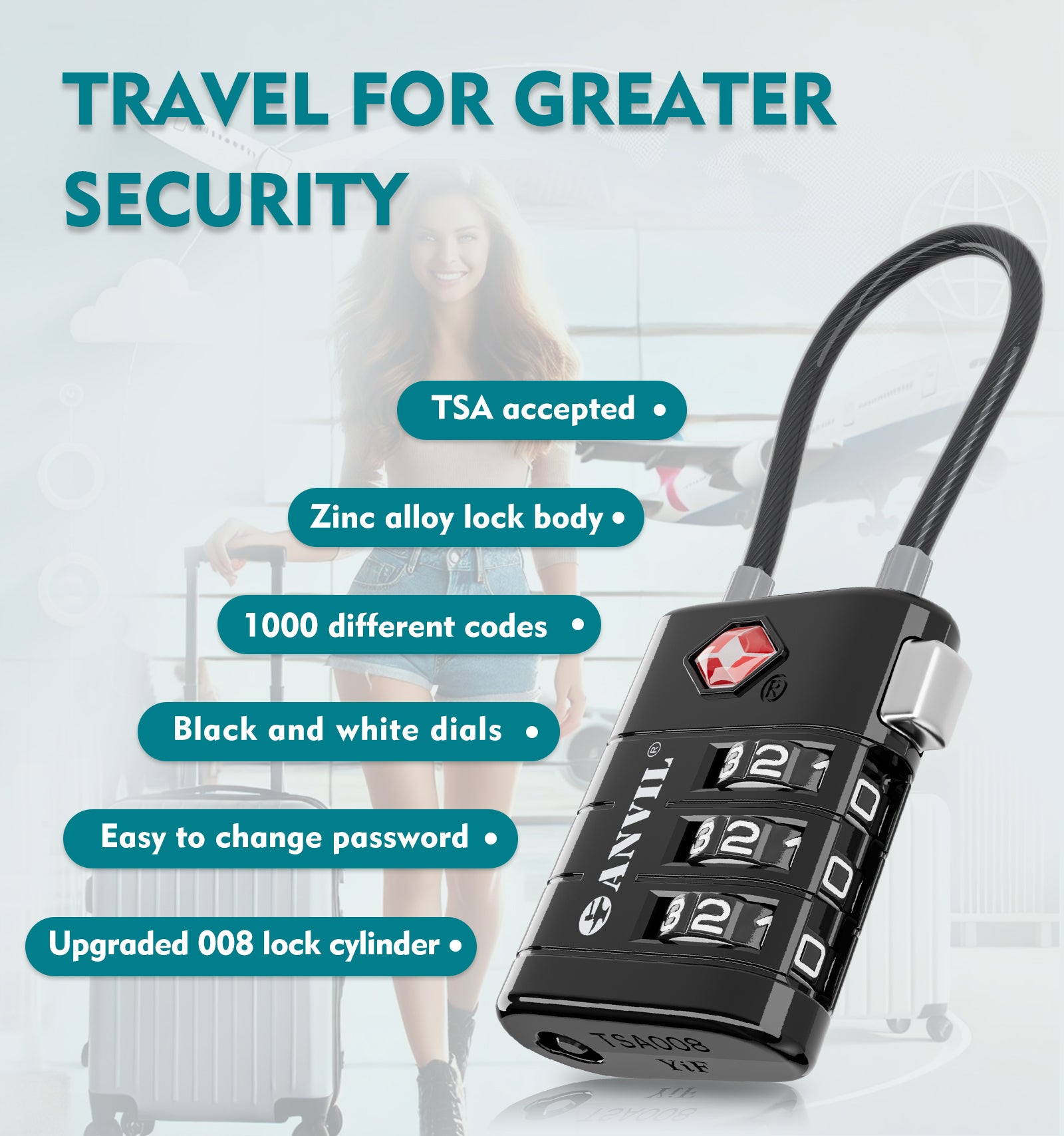 ANVIL TSA Approved Luggage Lock – High Security TSA008 Combination Travel Lock(4 Color Pack)