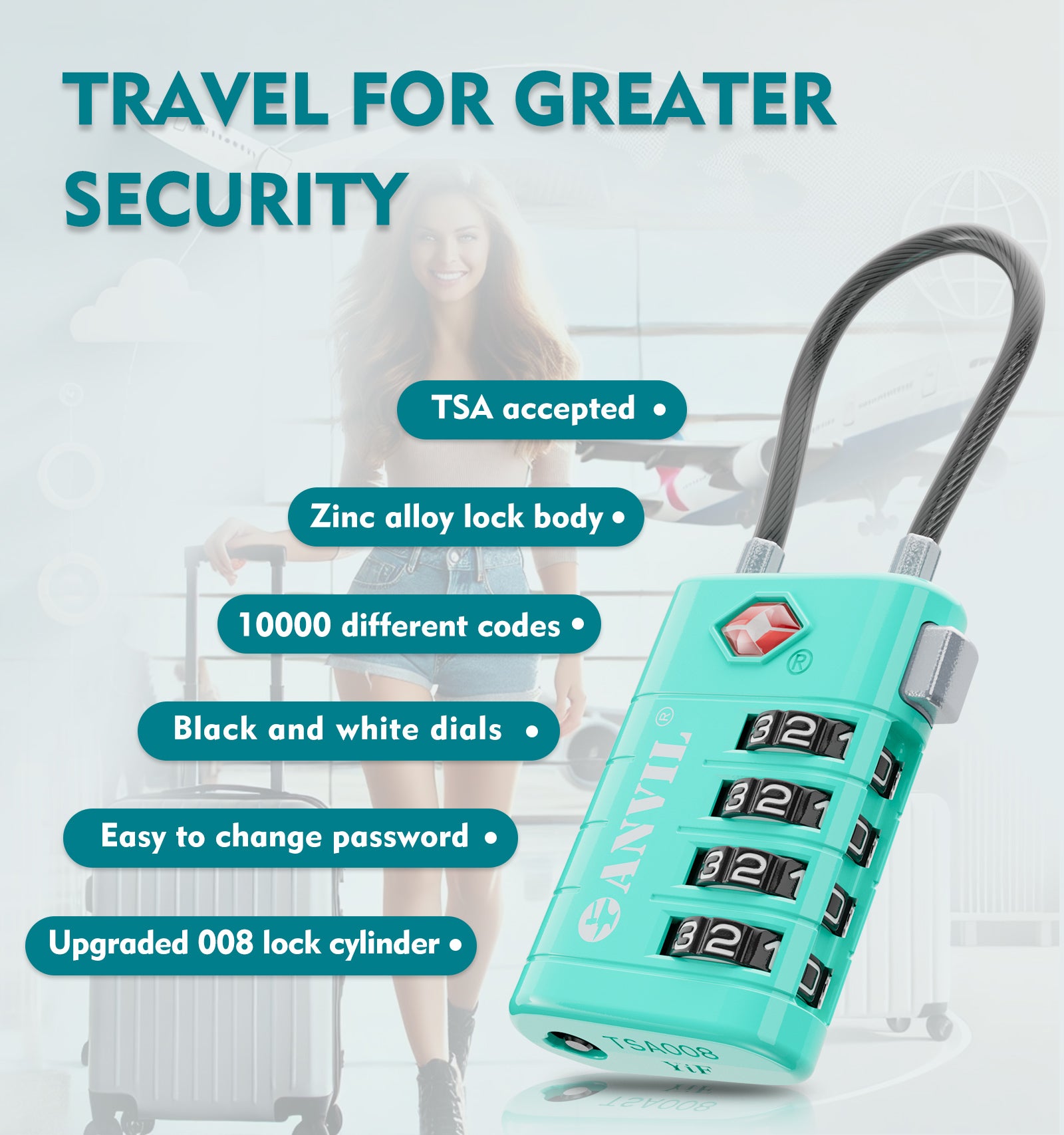 4-Digit TSA Approved Luggage Lock – TSA008 Core with Alert Indicator (Cyan Pack)