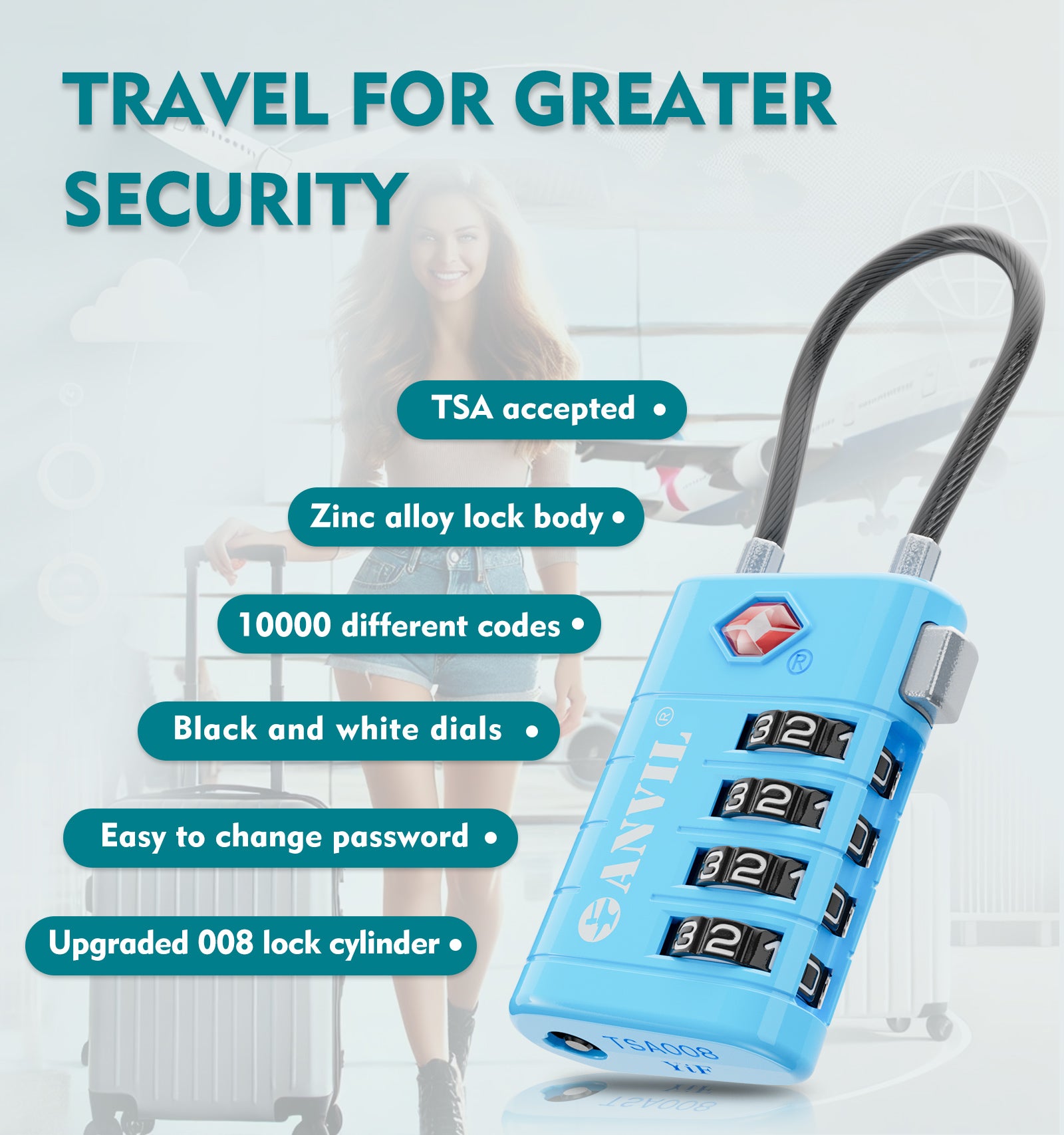 4-Digit TSA Approved Luggage Lock – TSA008 Core with Alert Indicator (Blue Pack)