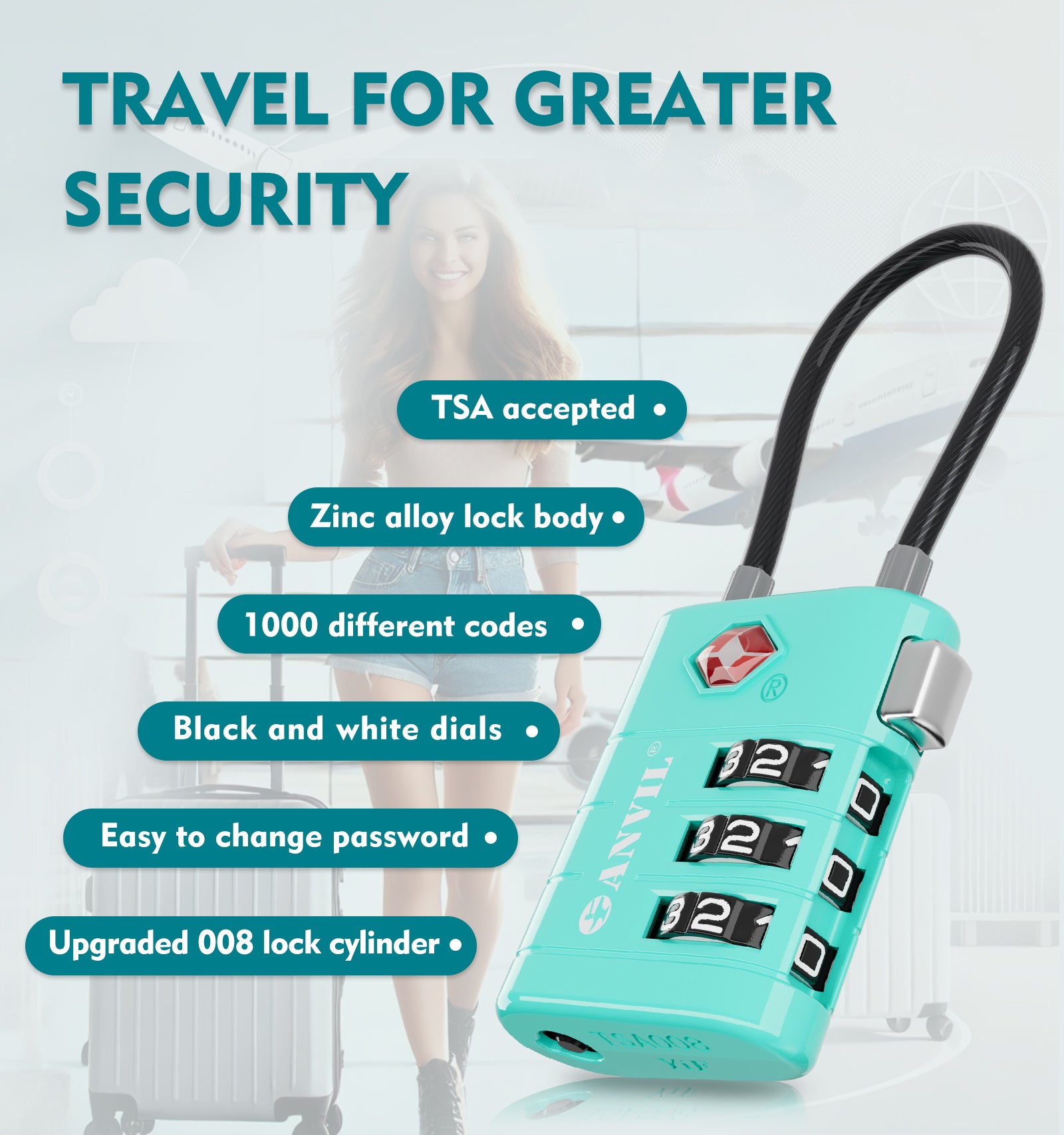 ANVIL High Security TSA008 Combination Travel Lock with Inspection Indicator (Cyan Pack)