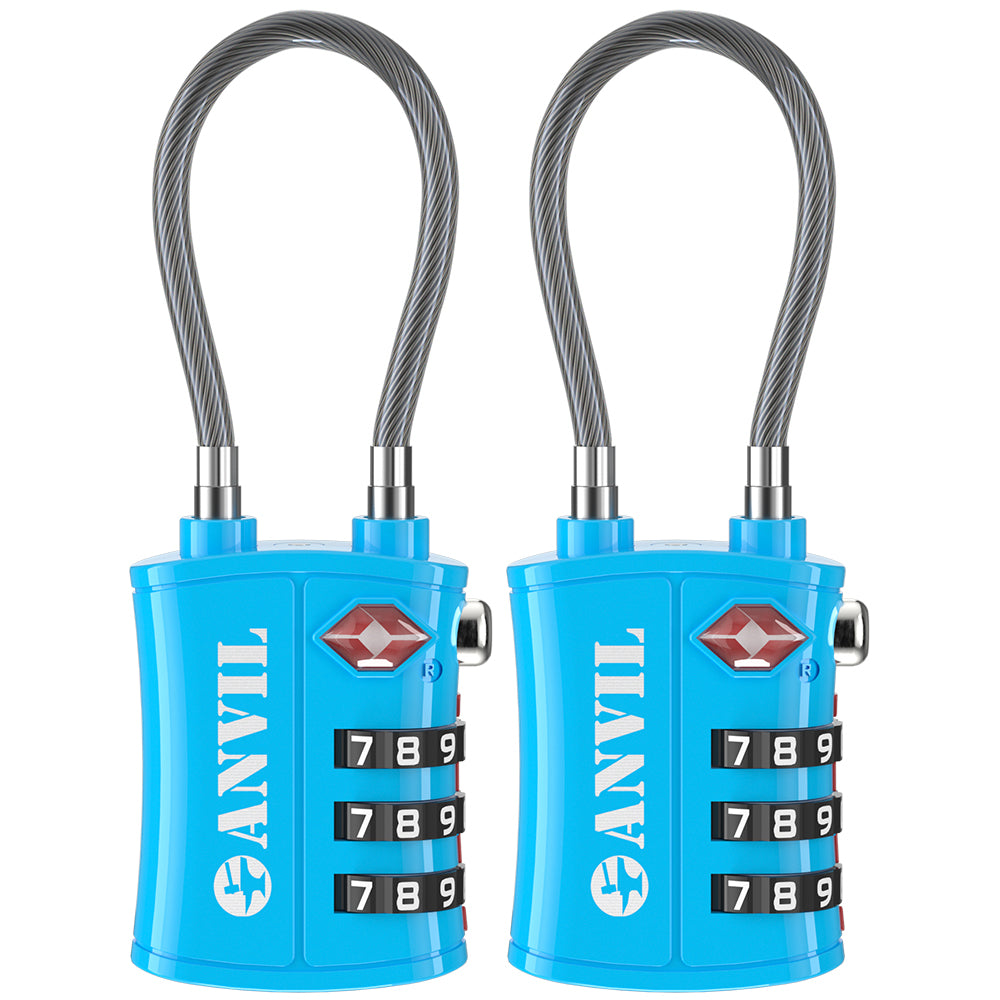 TSA Approved Cable Travel Lock – 3-Digit Combination with Zinc Alloy Body(Blue Pack) - LockSelect 