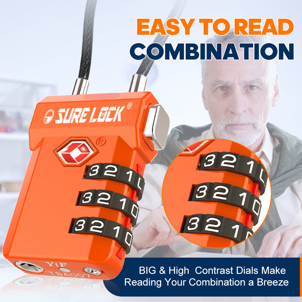 TSA Approved 3-Digit Combination Cable Lock – Large Dial, Red Indicator & Easy-Press Button (Orange Pack) - LockSelect 
