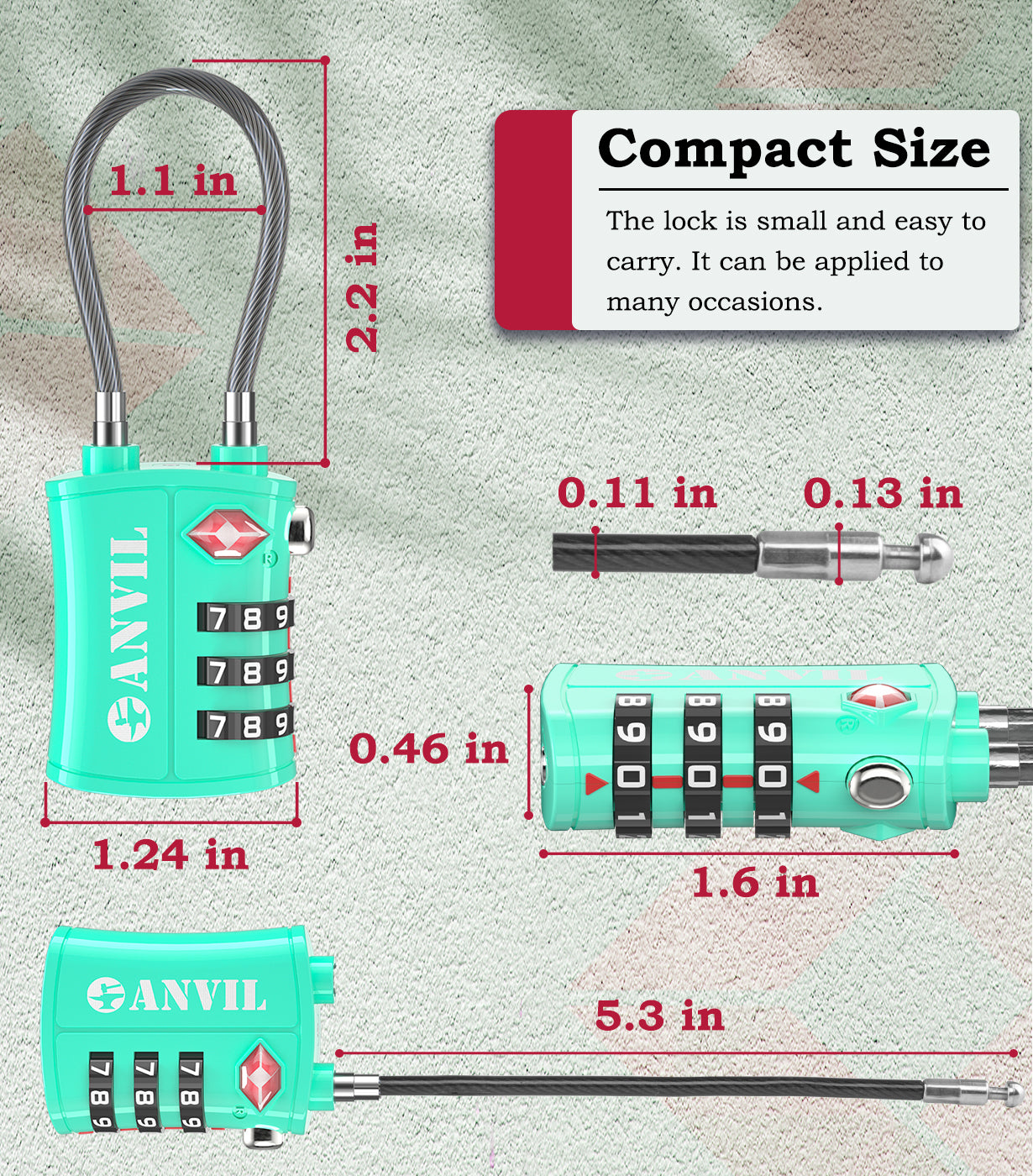 TSA Approved Cable Travel Lock – 3-Digit Combination with Zinc Alloy Body(Cyan Pack) - LockSelect 