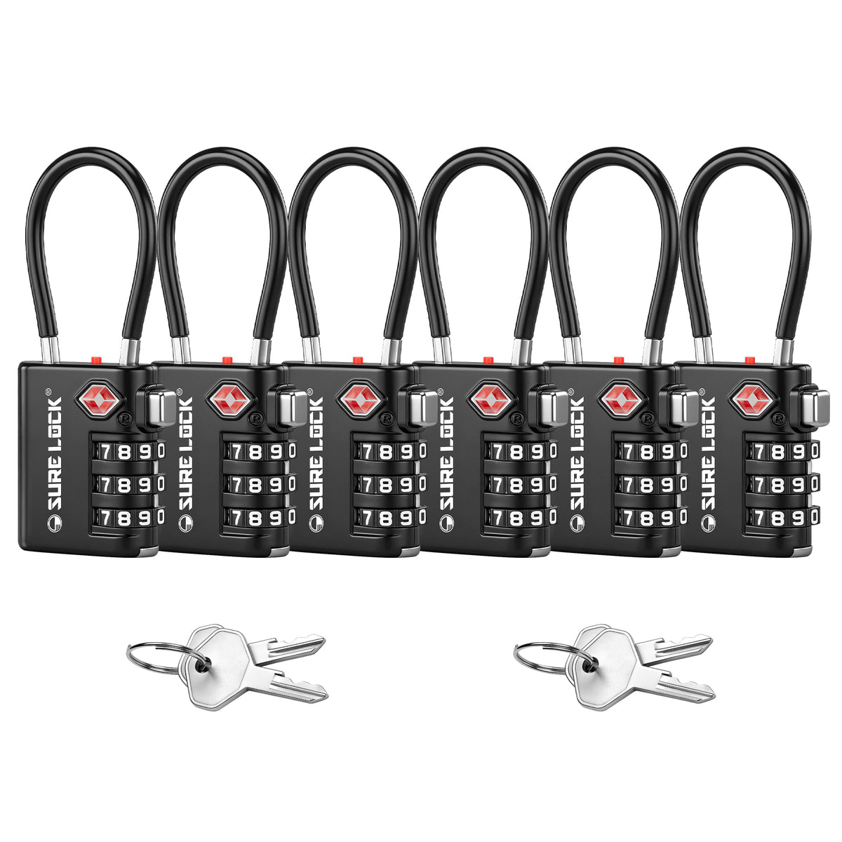 TSA-Approved 3-Digit Cable Luggage Lock with Backup Key & Open Alert (Black)