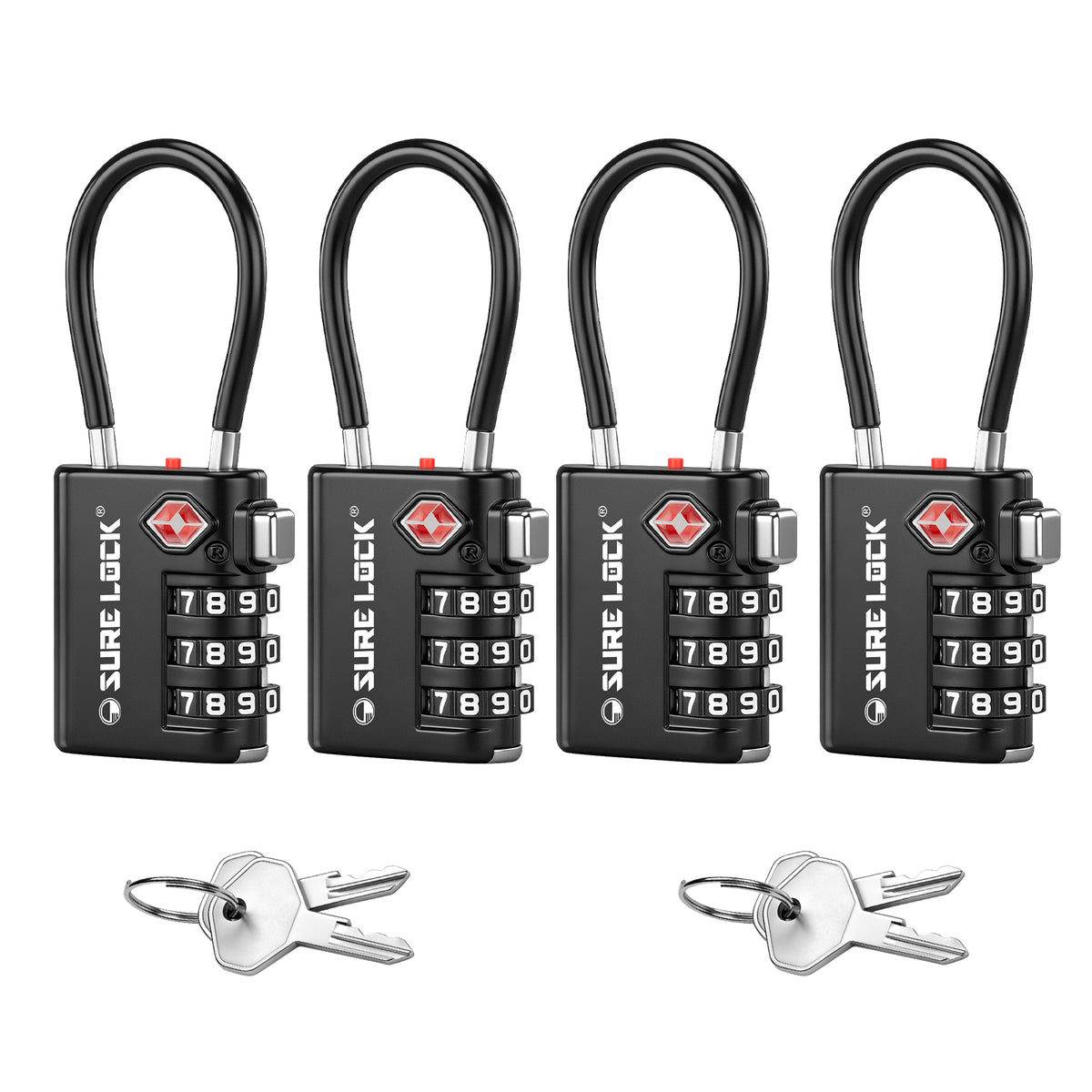 TSA-Approved 3-Digit Cable Luggage Lock with Backup Key & Open Alert (Black)