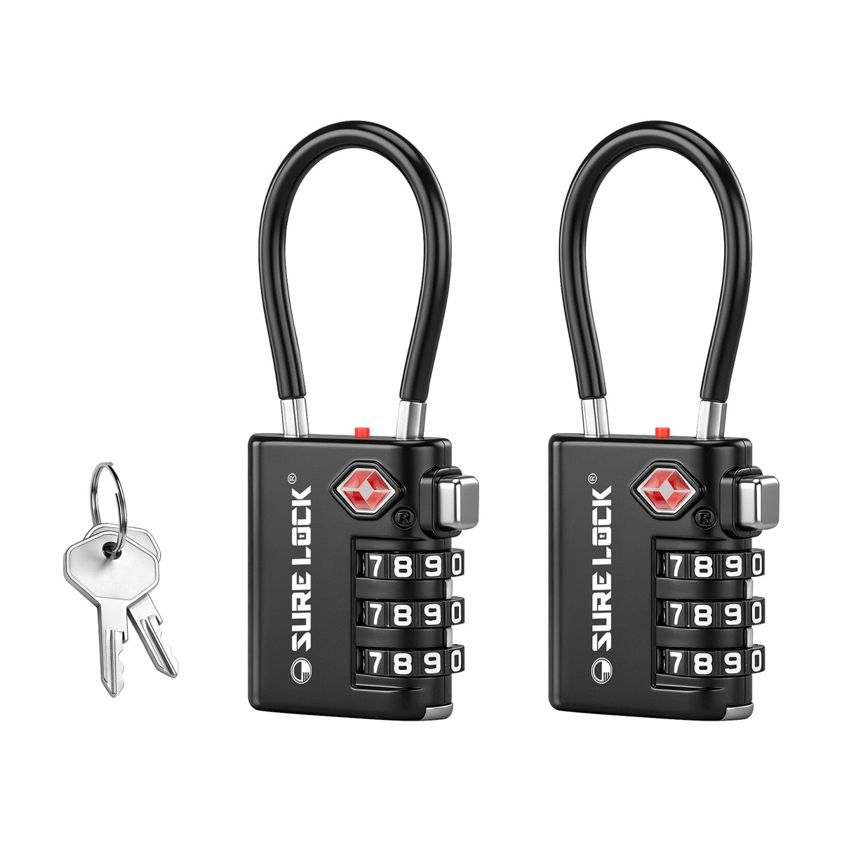 TSA-Approved 3-Digit Cable Luggage Lock with Backup Key & Open Alert (Black)
