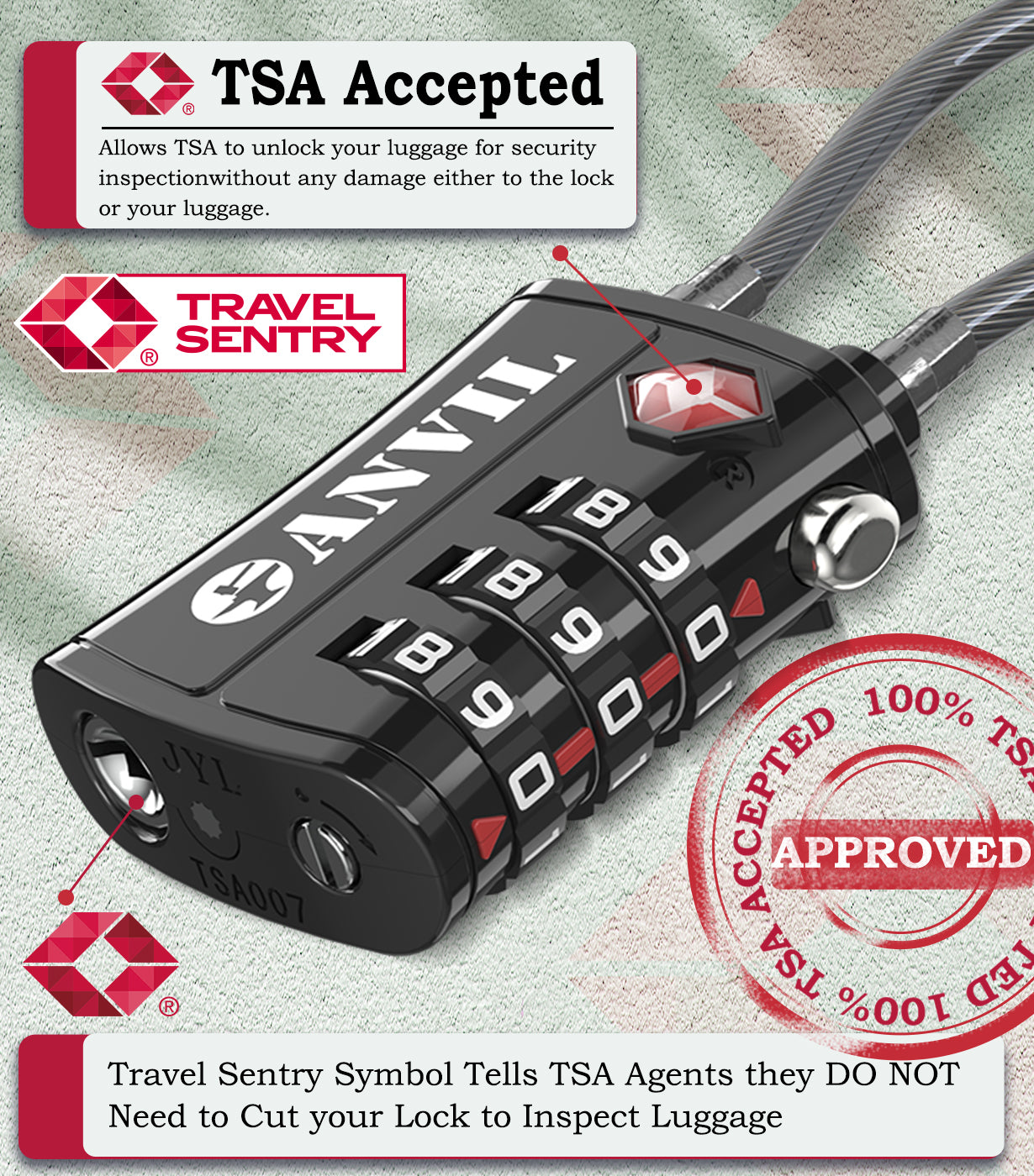 TSA Approved Cable Travel Lock – 3-Digit Combination with Zinc Alloy Body(Black Pack) - LockSelect 