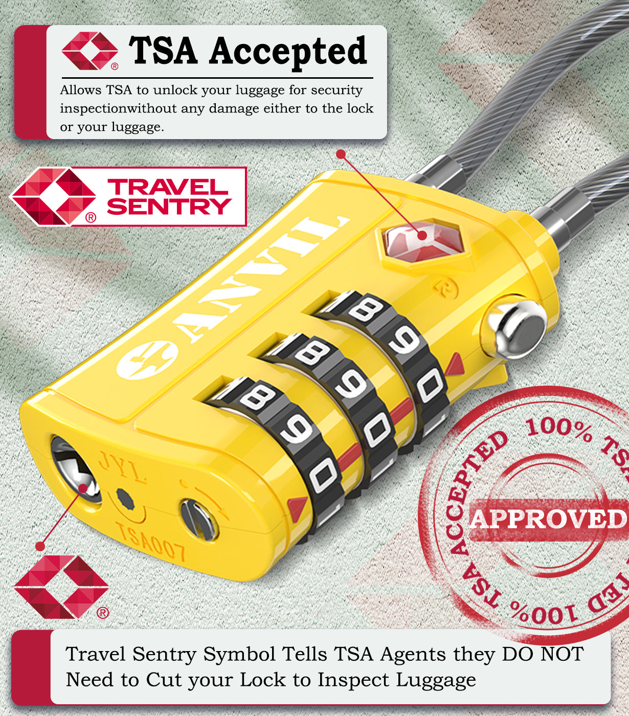 TSA Approved Cable Travel Lock – 3-Digit Combination with Zinc Alloy Body(Yellow Pack) - LockSelect 