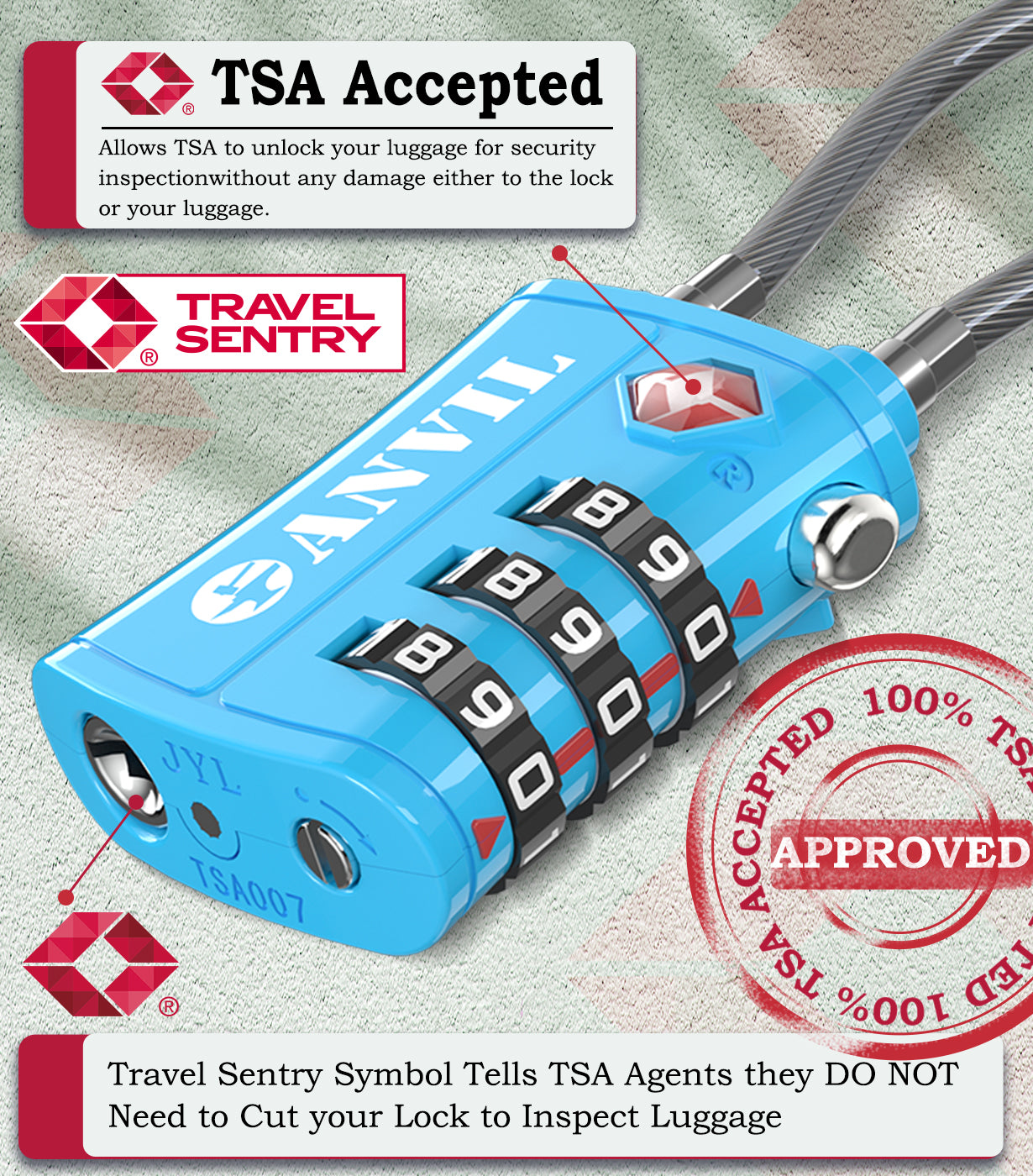 TSA Approved Cable Travel Lock – 3-Digit Combination with Zinc Alloy Body(Blue Pack) - LockSelect 