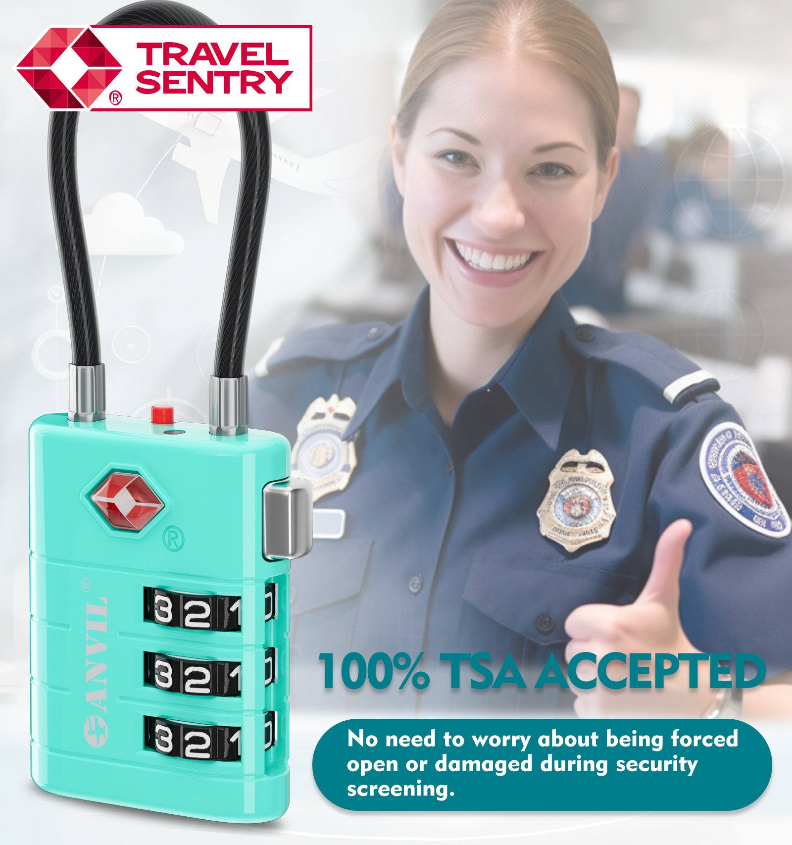ANVIL High Security TSA008 Combination Travel Lock with Inspection Indicator (Cyan Pack)