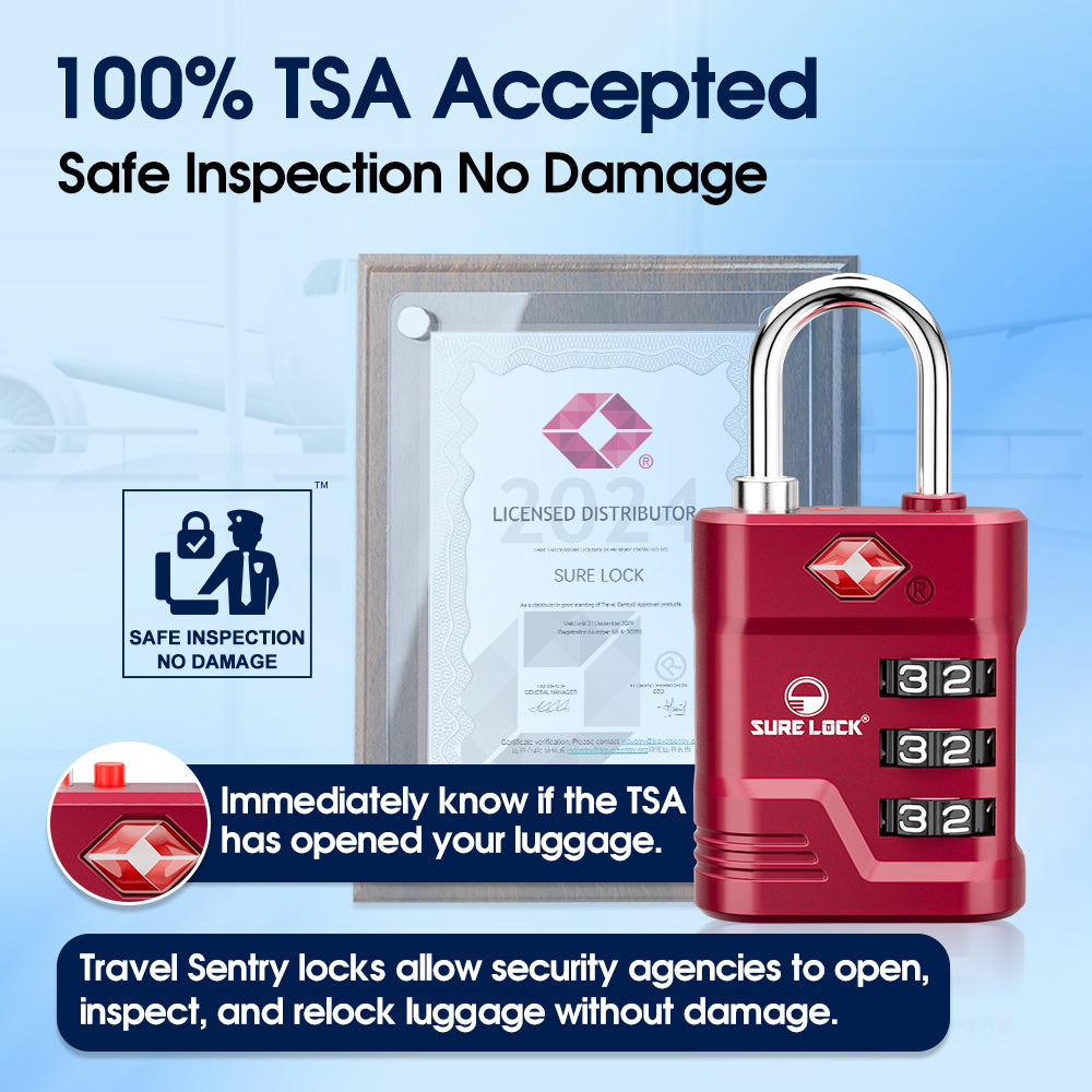 TSA Approved Luggage Lock – 3-Digit Combination Padlock with Open Alert & Easy-Read Dials (Red Pack) - LockSelect 