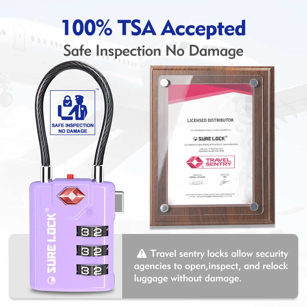 TSA Approved Luggage Lock – Combination Cable Lock with Open Alert (Purple) - LockSelect 