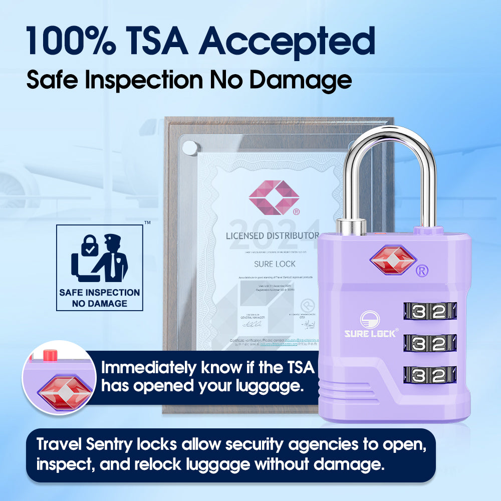 TSA Approved Luggage Lock – 3-Digit Combination Padlock with Open Alert & Easy-Read Dials (Purple Pack) - LockSelect 