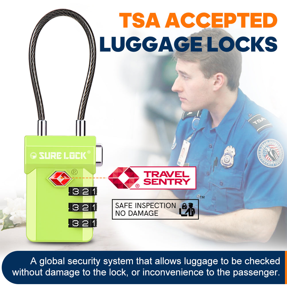 TSA Approved 3-Digit Combination Cable Lock (Green Pack) - LockSelect 