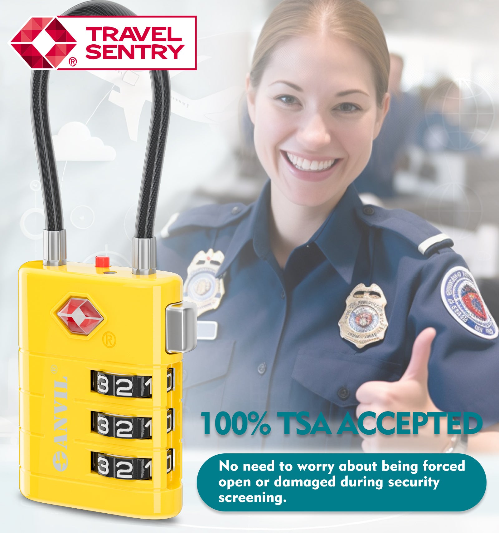 ANVIL TSA Approved Luggage Lock with Inspection Indicator (Yellow Pack)