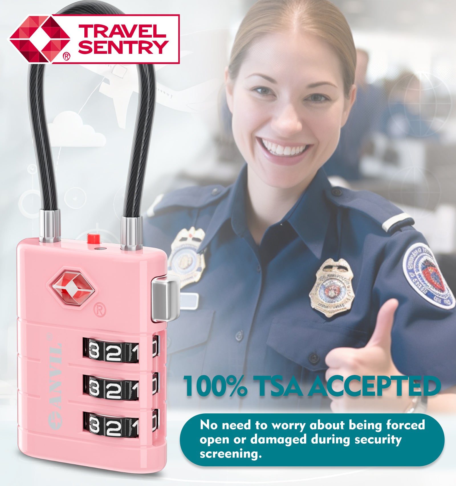 ANVIL TSA Approved Luggage Lock with Inspection Indicator (Pink Pack)