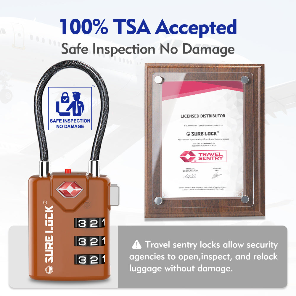 TSA Combination Cable Luggage Lock – Open Alert, Easy-Read Dials (Brown Pack) - LockSelect 