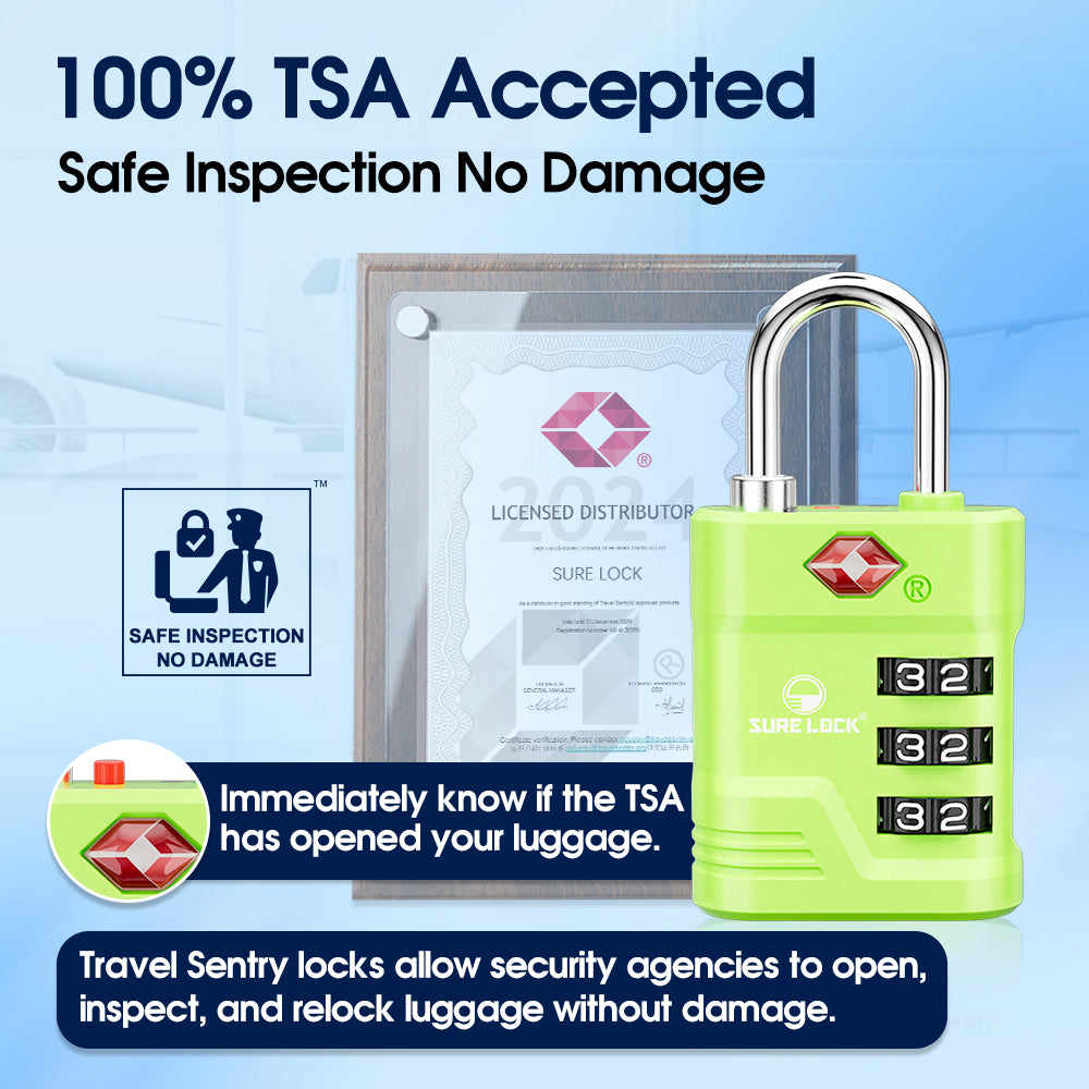 TSA Approved Luggage Lock – 3-Digit Combination Padlock with Open Alert & Easy-Read Dials (Green Pack) - LockSelect 