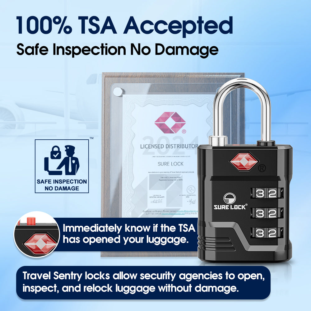 TSA Approved Luggage Lock – 3-Digit Combination Padlock with Open Alert & Easy-Read Dials (Black Pack) - LockSelect 