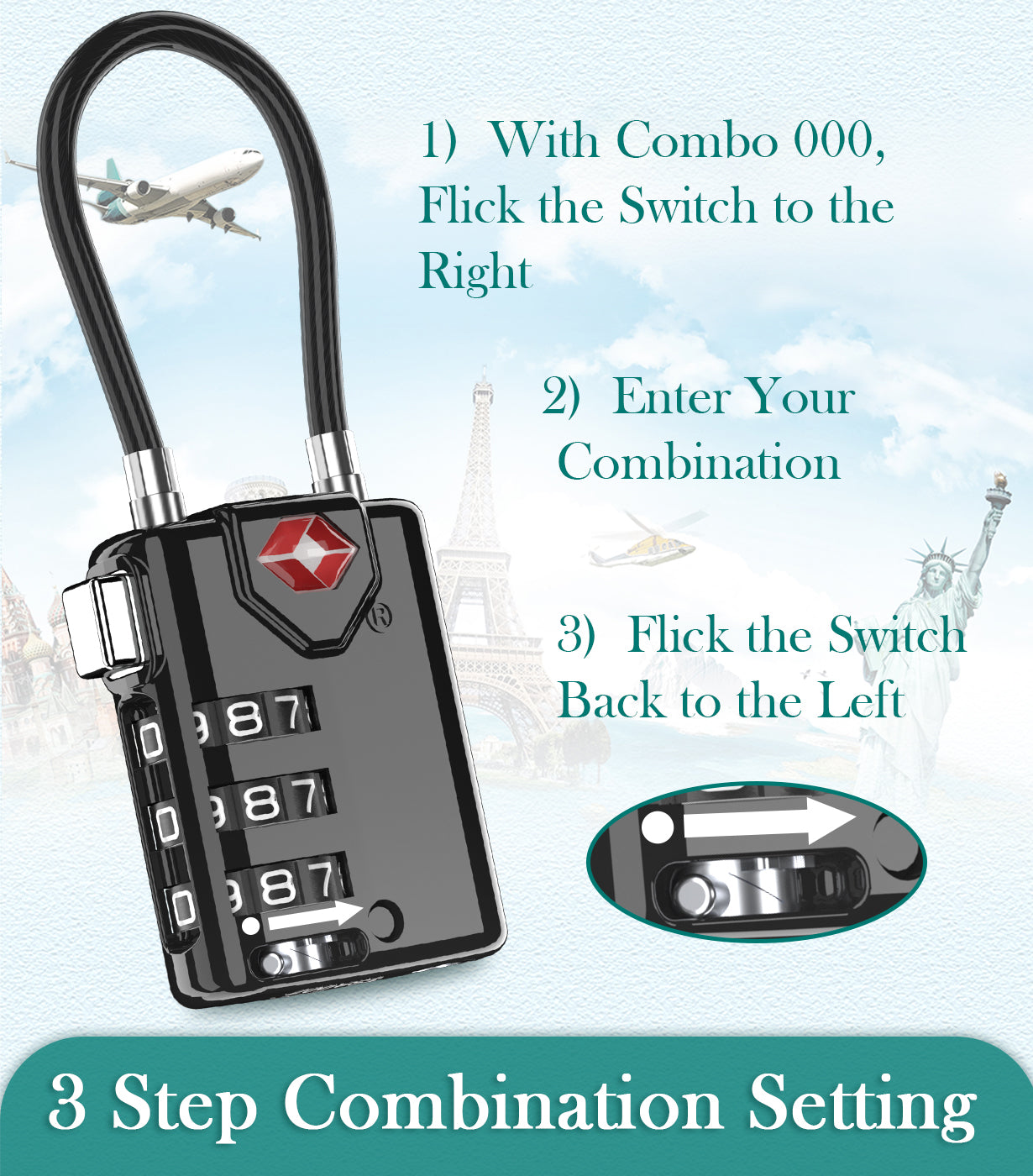 TSA Approved Luggage Cable Lock for Suitcase, Gym Locker & Toolbox (3 Color Pack)