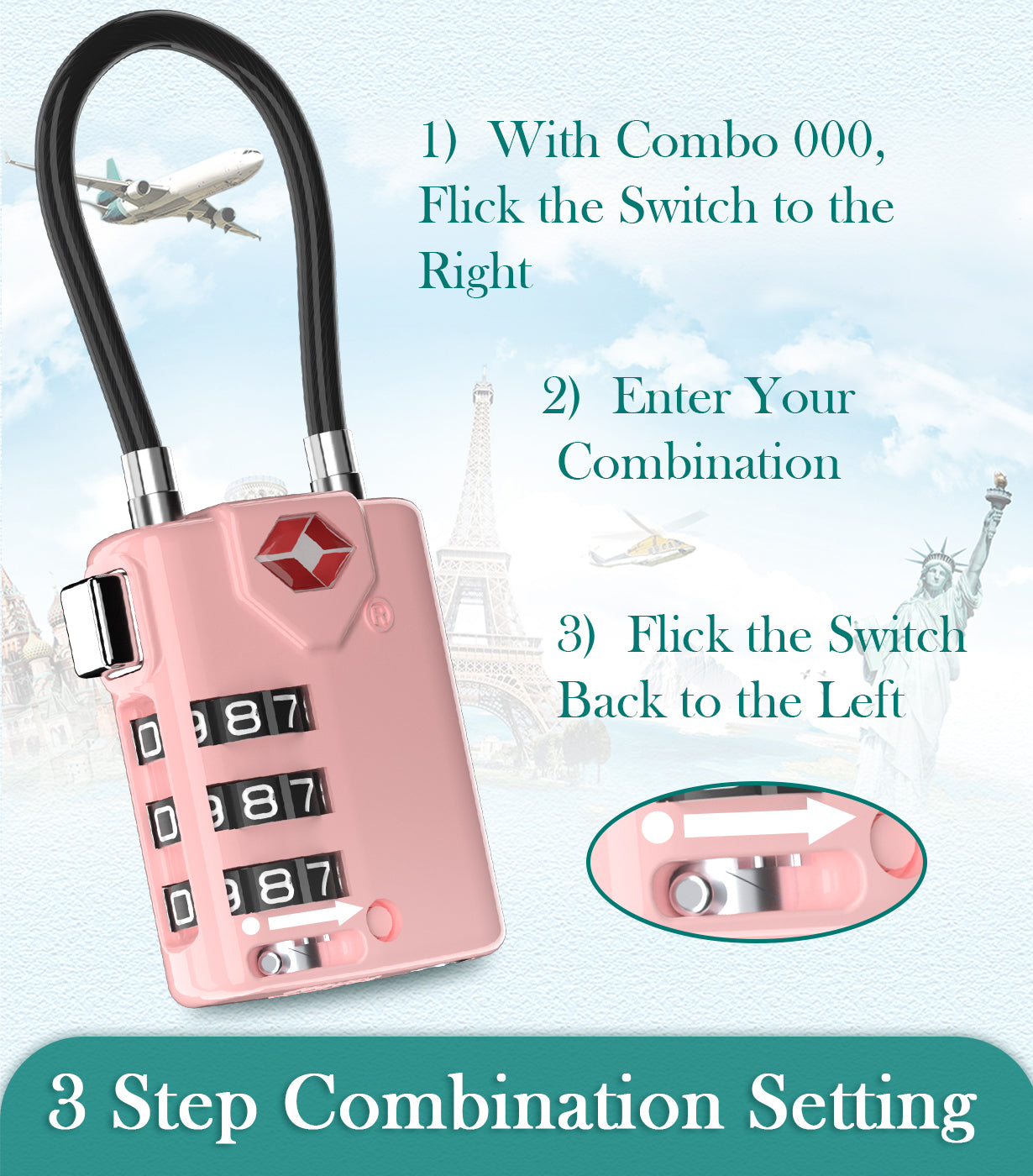 TSA Approved Luggage Cable Lock for Suitcase, Gym Locker & Toolbox (Pink Pack)