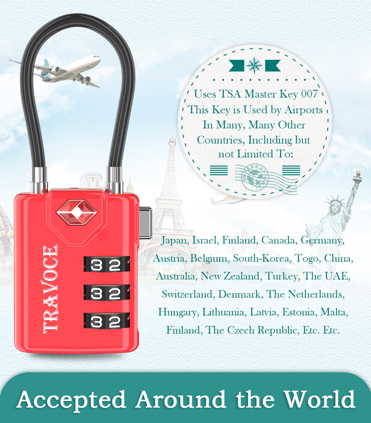 TSA Approved Luggage Cable Lock for Suitcase, Gym Locker & Toolbox (Red Pack)