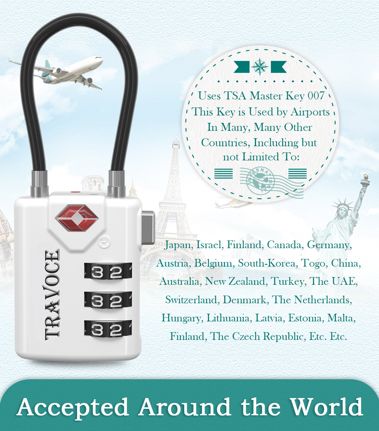 TSA Approved Luggage Cable Lock for Suitcase, Gym Locker & Toolbox (White Pack)