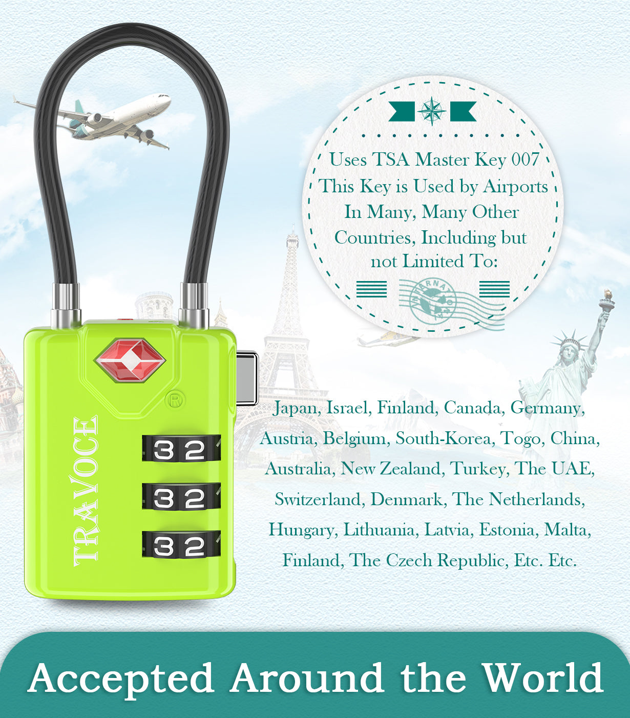 TSA Approved Luggage Cable Lock for Suitcase, Gym Locker & Toolbox (Lime Pack)