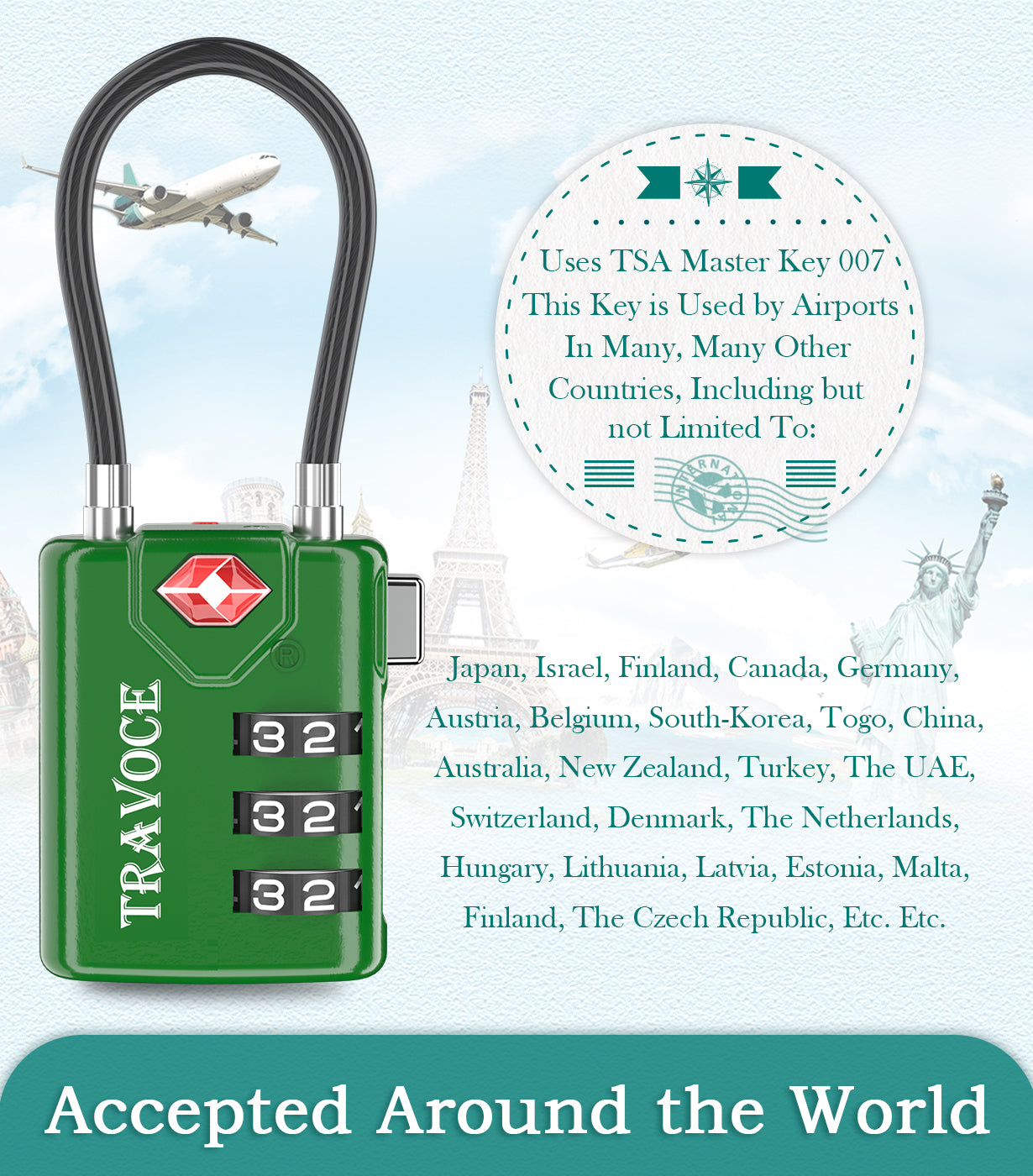 TSA Approved Luggage Cable Lock for Suitcase, Gym Locker & Toolbox (Army Green Pack)