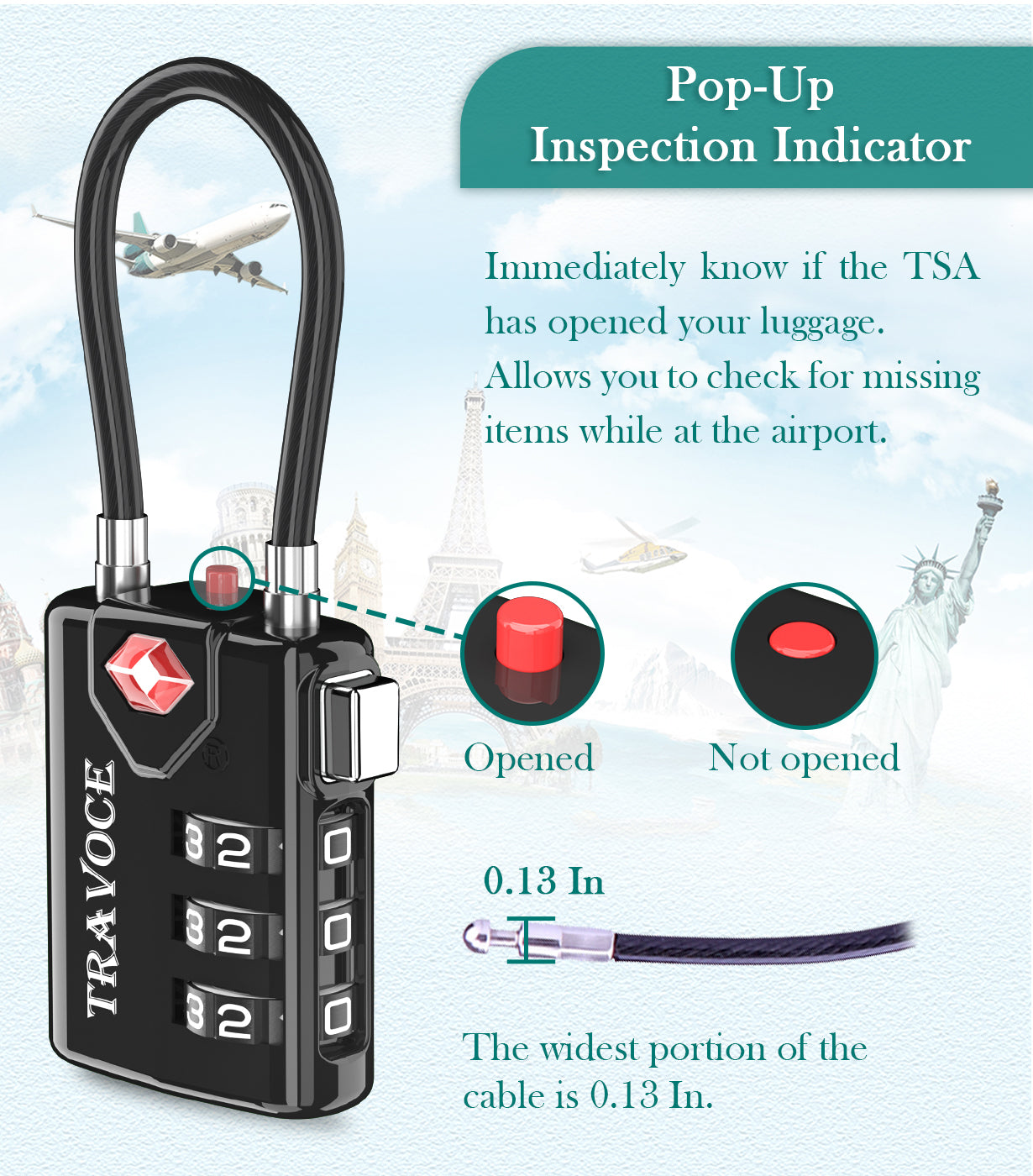 TSA Approved Luggage Cable Lock for Suitcase, Gym Locker & Toolbox (3 Color Pack)